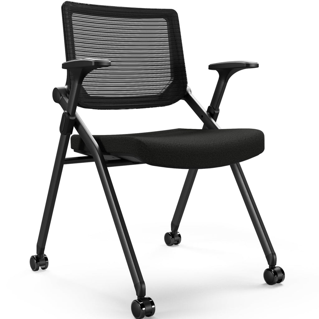 Foldable Office Chair with PU Wheels and Smooth Armrest-Ergonomic Mesh Bouncing Back, Stackable Conference Room Chair, Office Guest & Reception & Meeting Chair (Black)