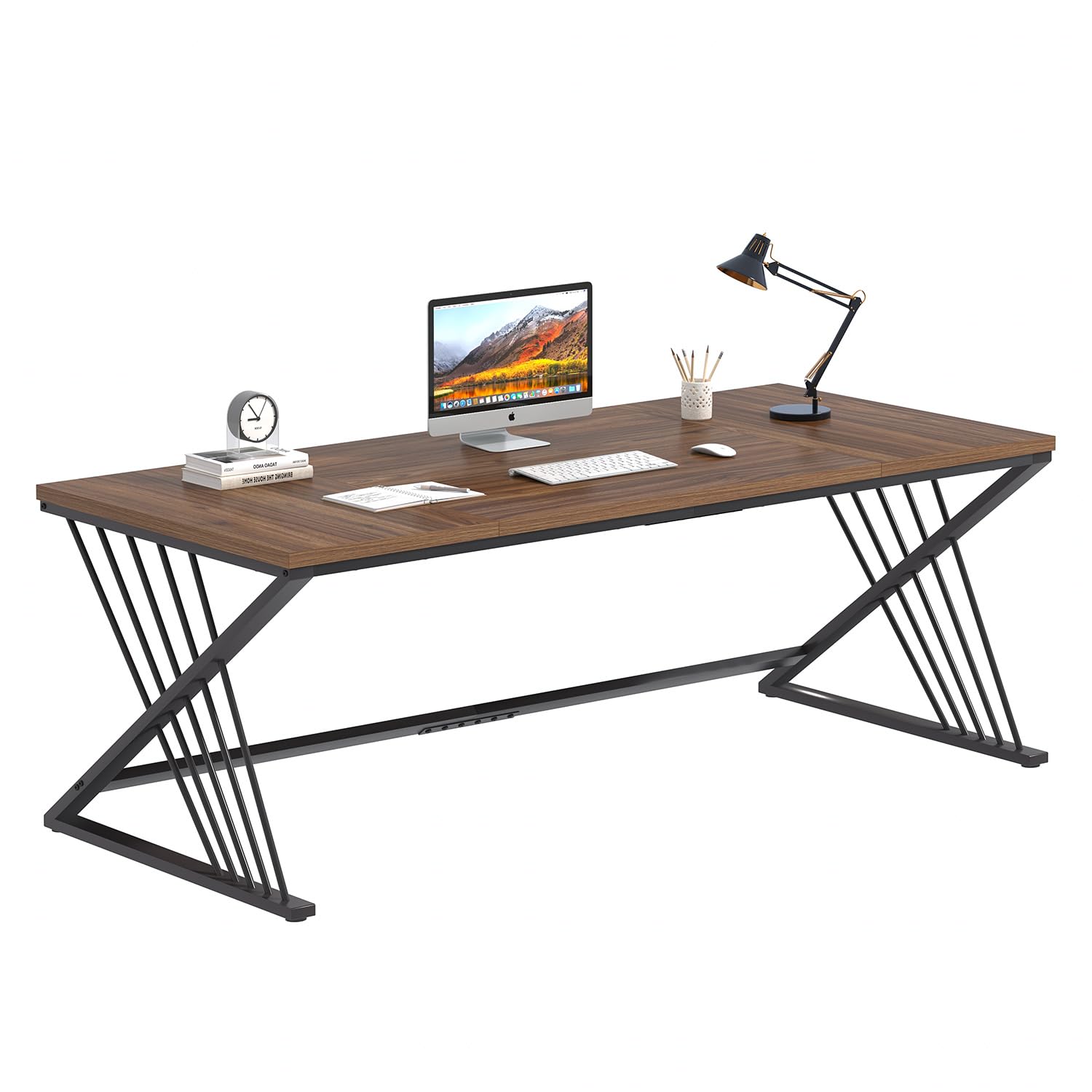 70.9" Computer Desk with Z-Shaped Legs, Large PC Desk for Home Office, Industrial Writing Desk, 2 Person Executive Workstation Study Table for Bedroom, Rustic Walnut