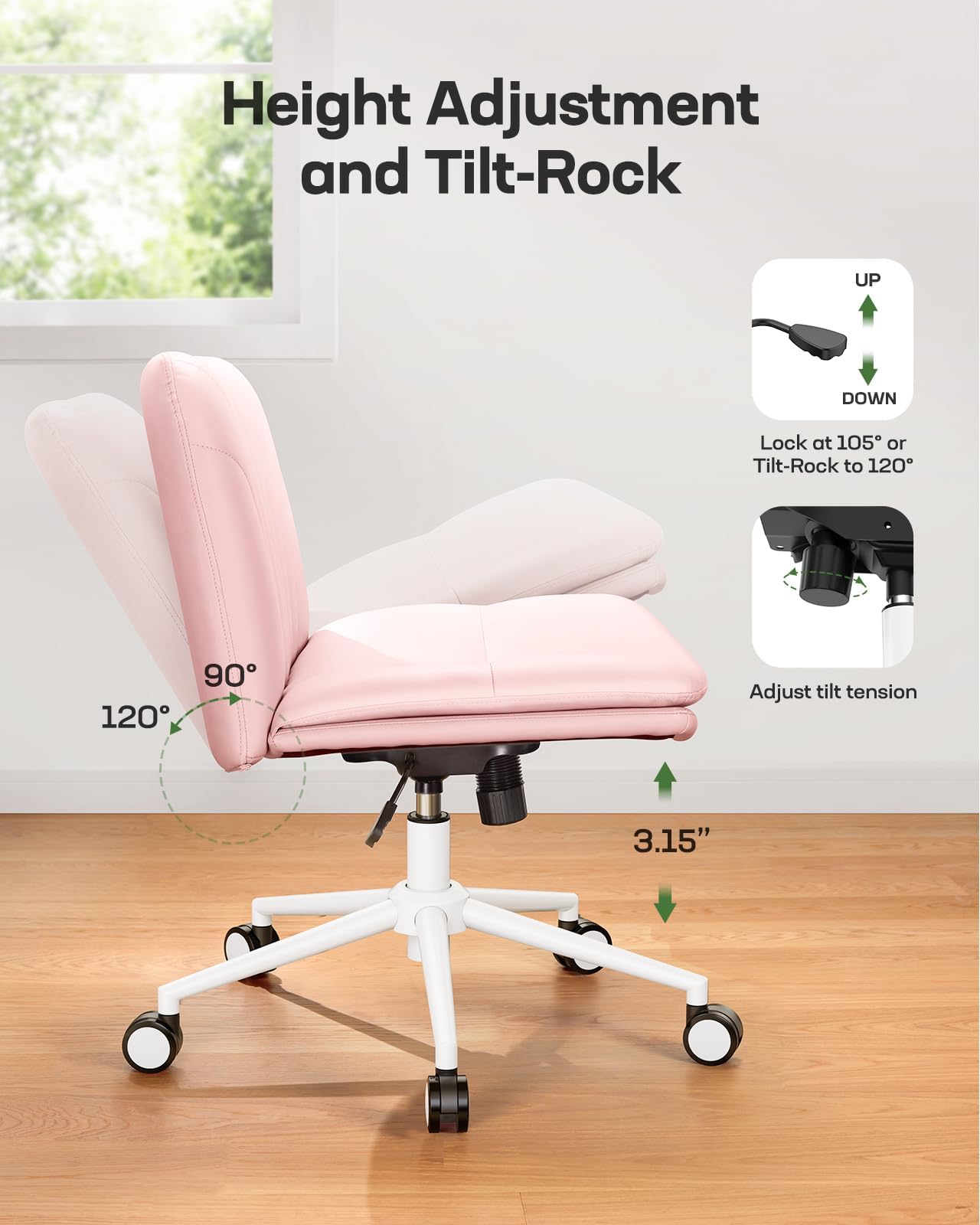 Armless-Office Desk Chair with Wheels: PU Leather Cross Legged Wide Chair,Comfortable Adjustable Swivel Computer Task Chairs for Home,Office,Make Up,Small Space,Bed Room, Pink