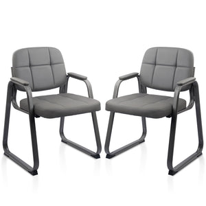 2 Pack, Waiting Room Guest Chair with Bonded Leather Padded Arm Rest for Office Reception and Conference Desk Black with Sled Base Grey