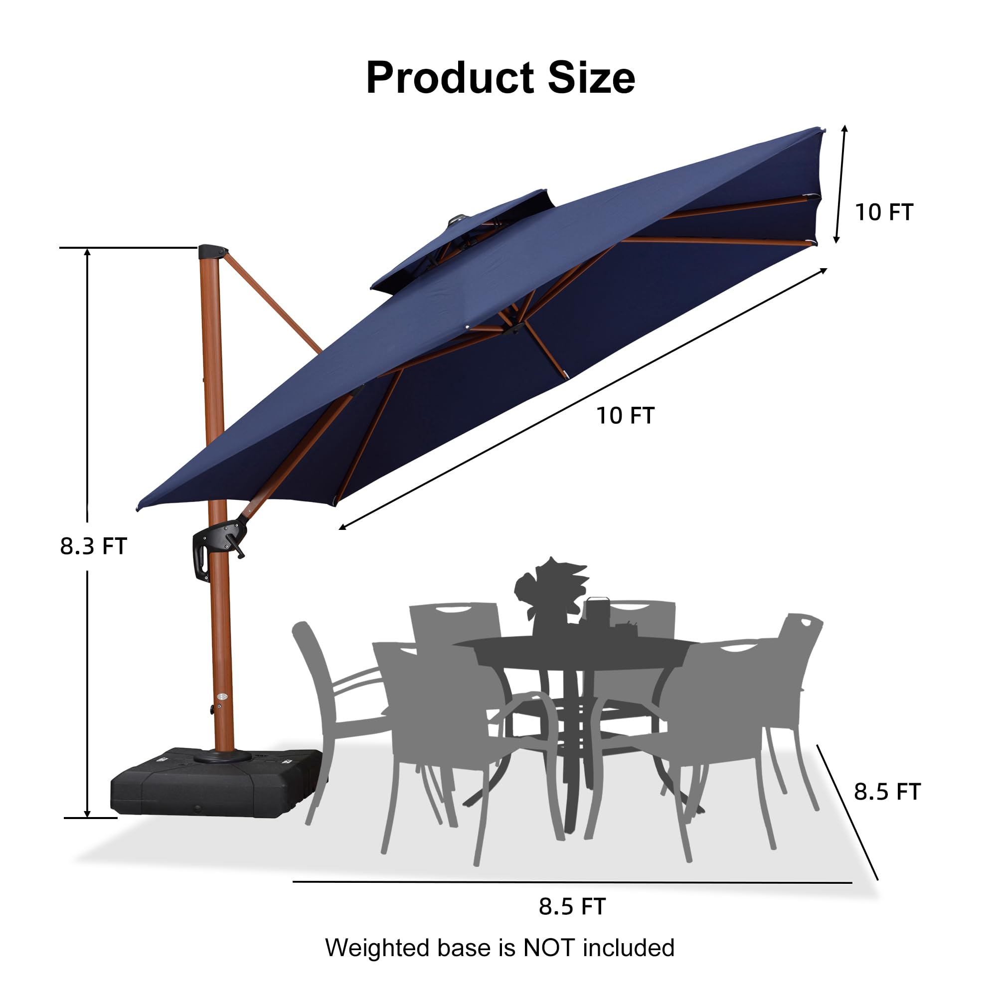 10ft Patio Umbrella Outdoor Square Umbrellas Large Cantilever Umbrella Windproof Offset Umbrellas Heavy Duty Sun Umbrella for Garden Deck Pool Patio, Navy Blue