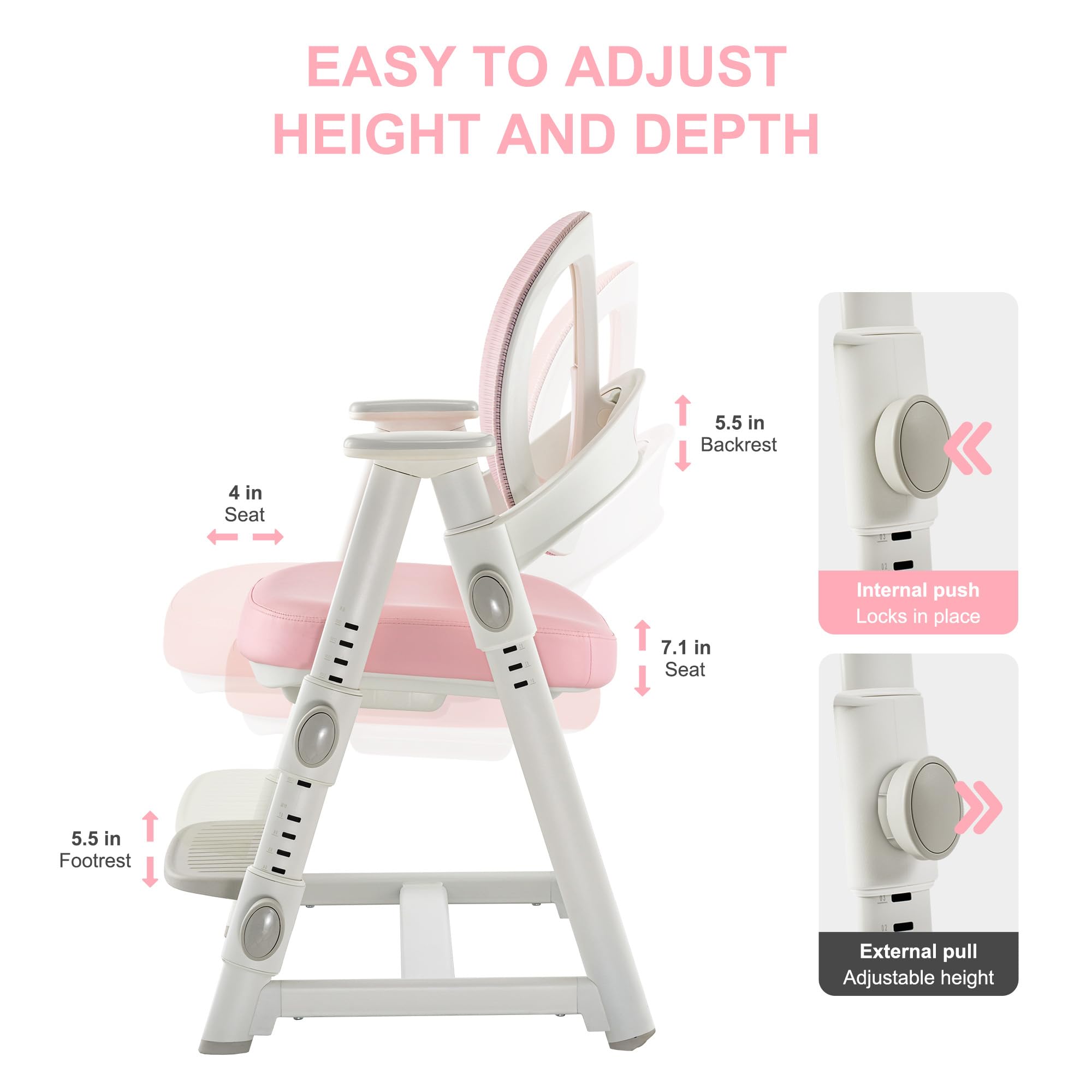 Ergonomic Kids' Study Chair, Height Adjustable Kids Desk Chair for Boys Girls,Comfortable for Teenagers Playing, Drawing, Ideal Gift for Children,Students（Pink）