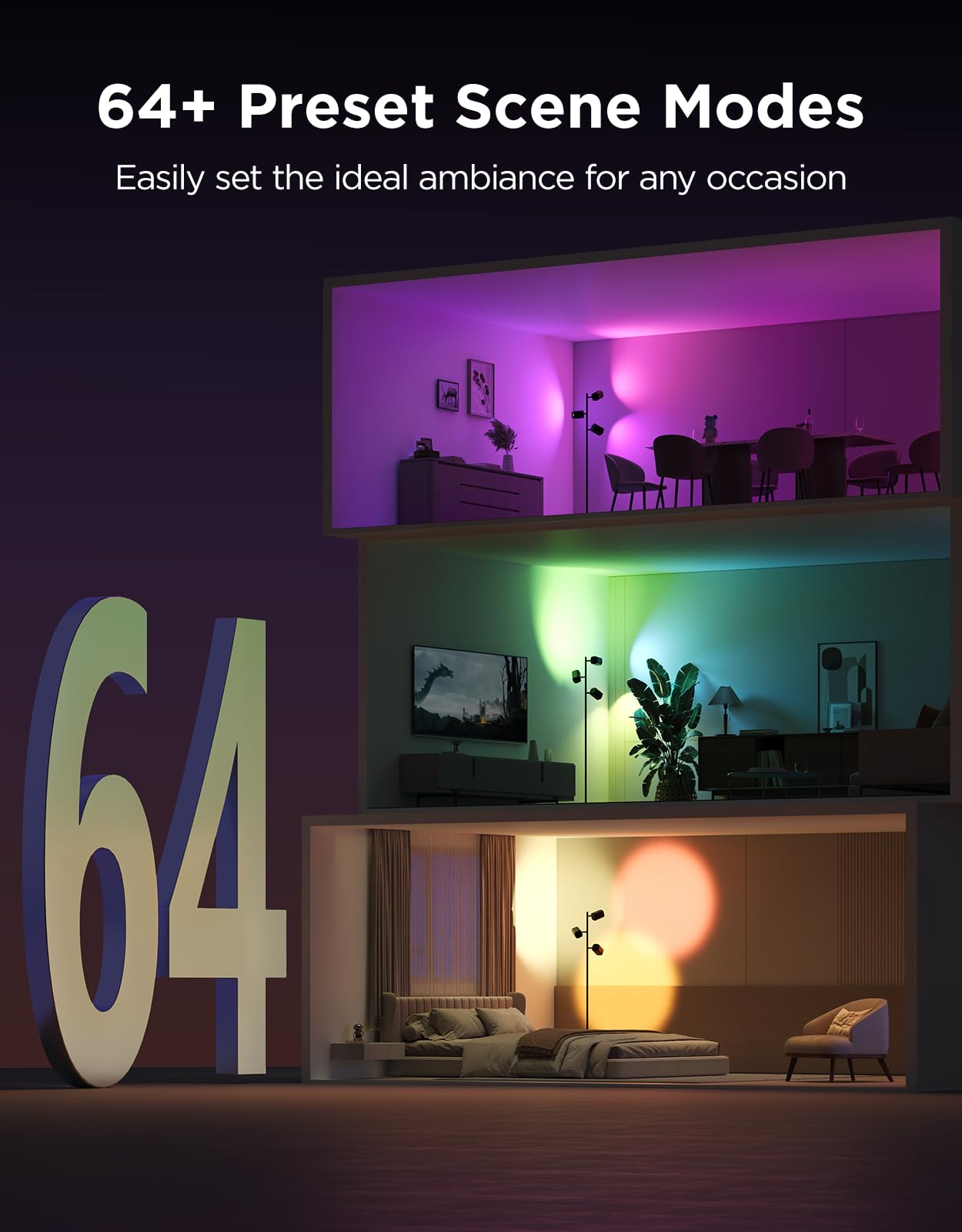 Tree Floor Lamp Compatible with Matter, 3 Rotatable Lights with LuminBlend Technology, Standing Lamp with 64 Dynamic Scenes, Music Sync, Ideal Floor Lamp for Living Room, Bedroom, Office