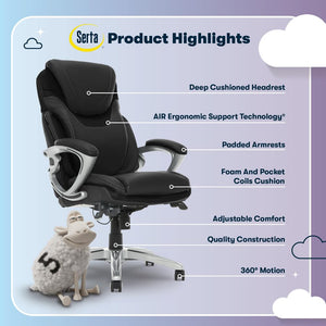 Executive Office Chair, Ergonomic Computer Desk Chairs with Patented AIR Lumbar Support, Comfy Body Pillows, Height Adjustable, Swivel Base with Wheels, Bonded Leather, Black