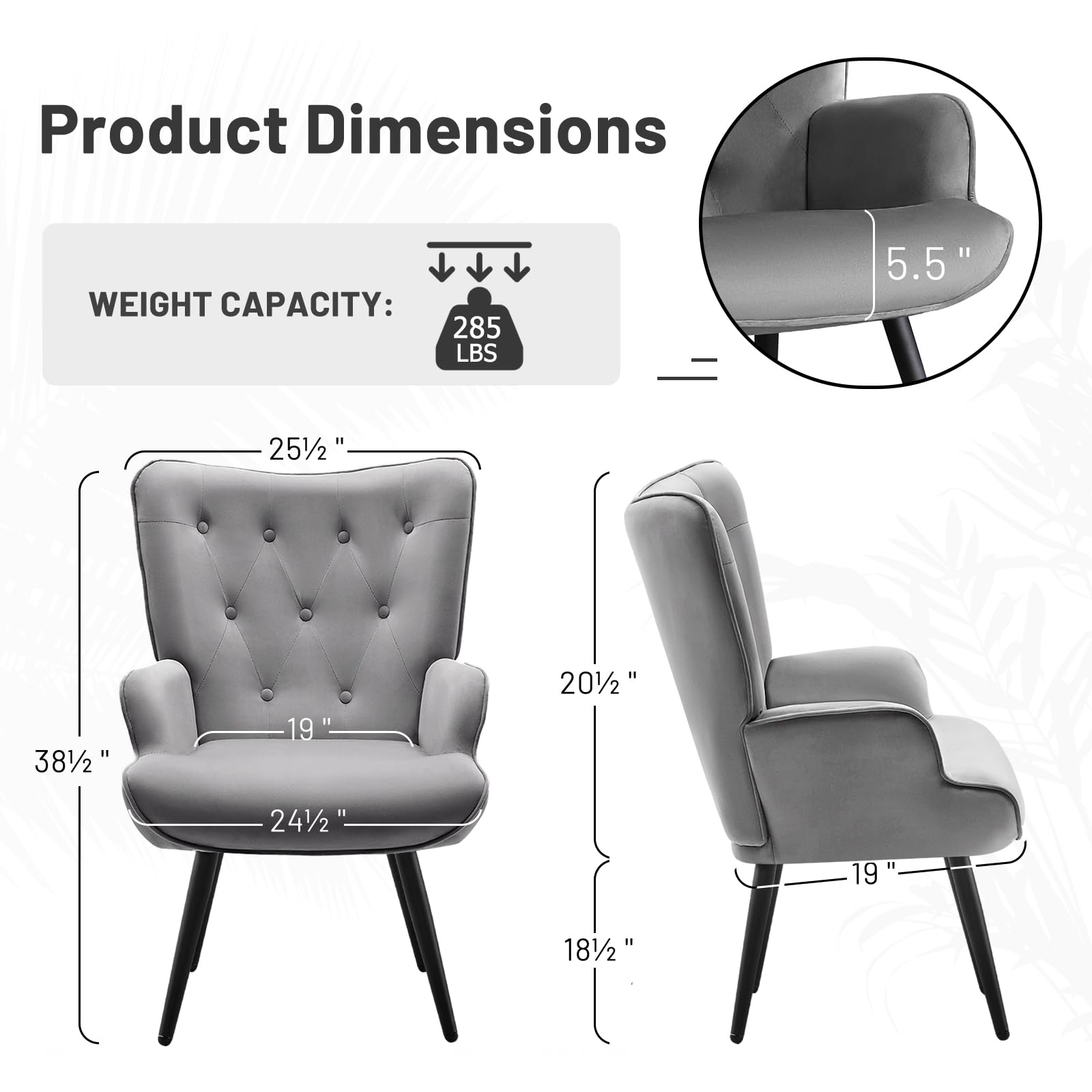 Modern Accent Chair, Velvet Tufted Button Wingback Chair Upholstered Side Armchair Comfy Lounge Chair with Tapered Legs Sofa Leisure Chair for Home Office/Living Room/Bedroom, Grey
