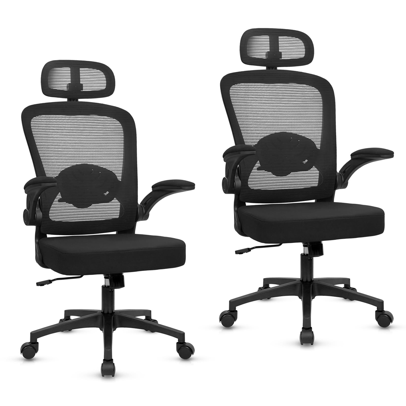 Home Office Desk Chair with Flip Up Armrests, Mesh Back Chair with Adjustable Height Lumbar Support and Headrest, Ergonomic Computer Task Chair for School, Conference, Black(2PK)