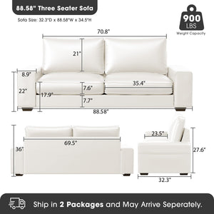 Faux Leather Couch, Mid Century Modern Comfy Loveseat Sofa with Wide Arm, Side Pockets, Solid Wooden Frame for Office, Living Room and Bedroom, 3 Seater (White, 88.58 inches)