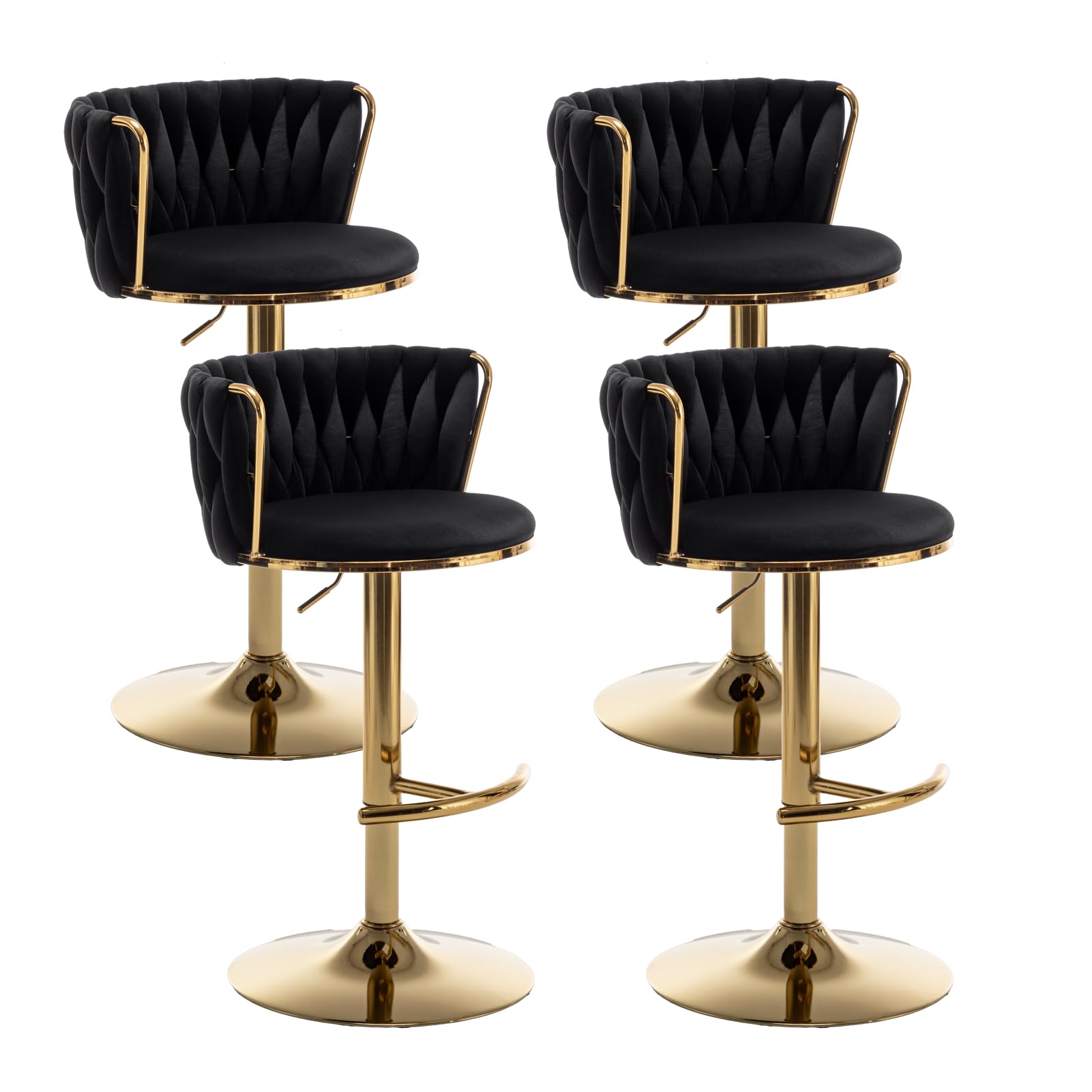 Gold Velvet Bar Stools Set of 4, Swivel Counter Height Bar Stools with Back, Adjustable Woven Barstools for Kitchen Island, Pub, Club (Black)