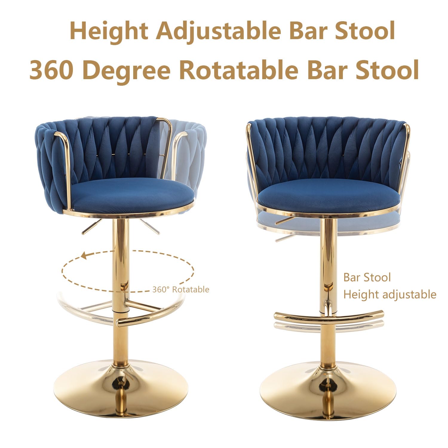 Gold Velvet Bar Stools Set of 2, Swivel Counter Height Bar Stools with Back, Adjustable Woven Barstools for Kitchen Island, Pub, Club (Blue)