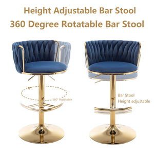 Gold Velvet Bar Stools Set of 4, Swivel Counter Height Bar Stools with Back, Adjustable Woven Barstools for Kitchen Island, Pub, Club (Blue)
