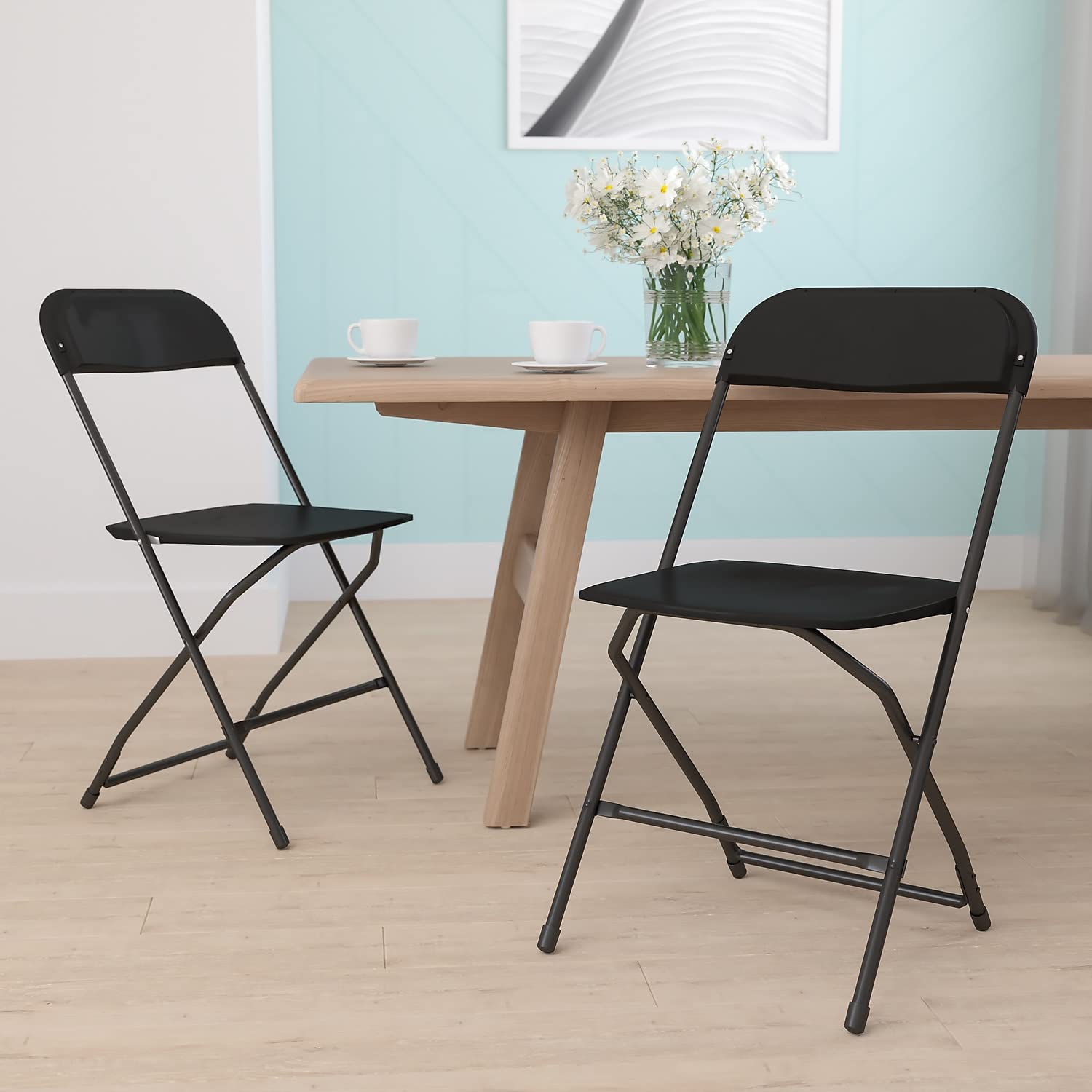 Hercules Series Plastic Folding Chairs for Parties and Weddings, Stackable Commercial Event Seats with 650-lb. Static Weight Capacity, Set of 2, Black