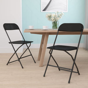 Hercules Series Plastic Folding Chairs for Parties and Weddings, Stackable Commercial Event Seats with 650-lb. Static Weight Capacity, Set of 2, Black
