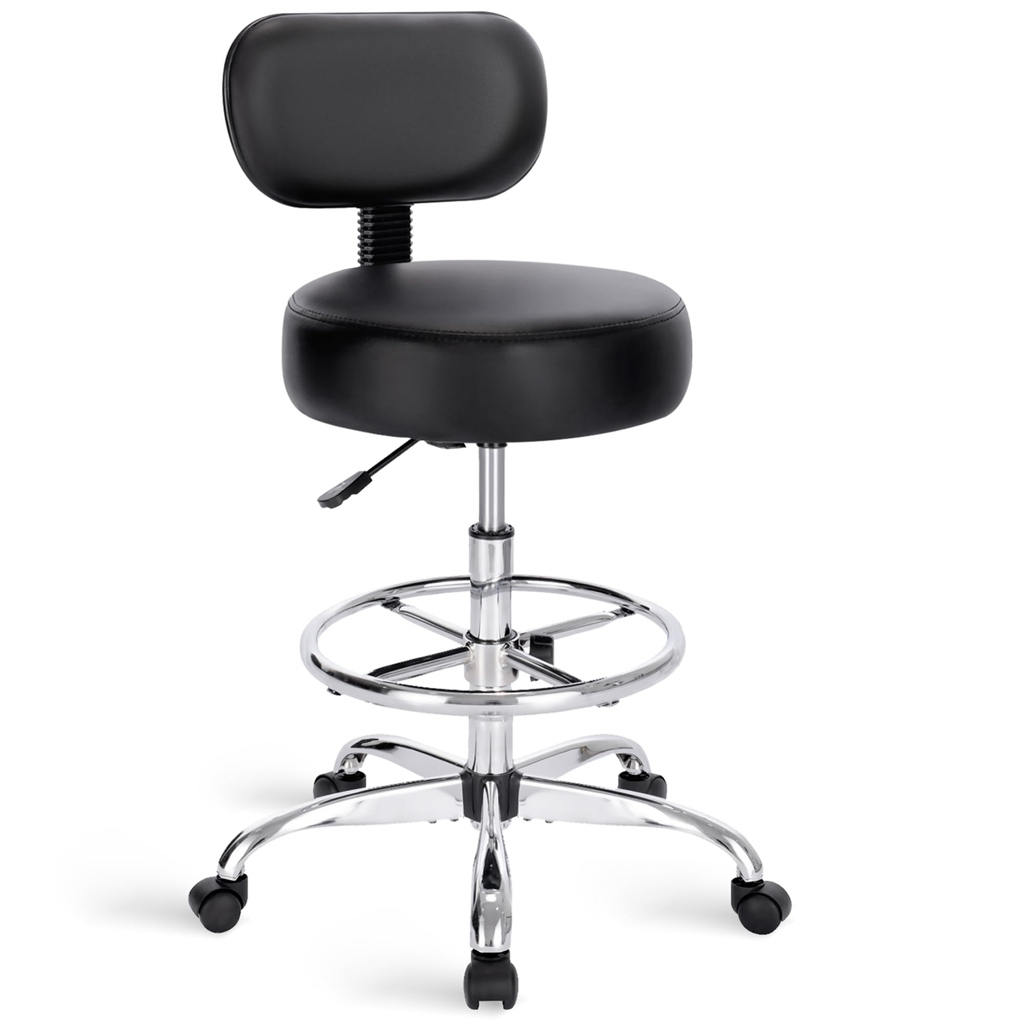 Drafting Chair with Back, Adjustable Foot Rest Rolling Stool, Multi-Purpose Office Desk Chair, Thick Seat Cushion for Home Bar Kitchen Shop - Black
