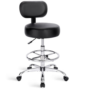 Drafting Chair with Back, Adjustable Foot Rest Rolling Stool, Multi-Purpose Office Desk Chair, Thick Seat Cushion for Home Bar Kitchen Shop - Black