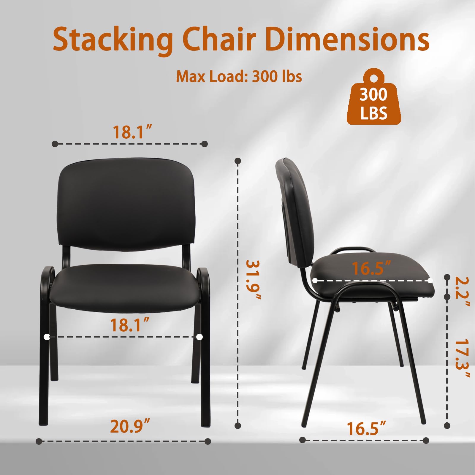 Black Set of 10, Stacking Conference Room Chairs No Wheels, PU Leather Waiting Room Chair Armless Stackable Office Guest Chair with Metal Frames for Reception Lobby Side Training School,