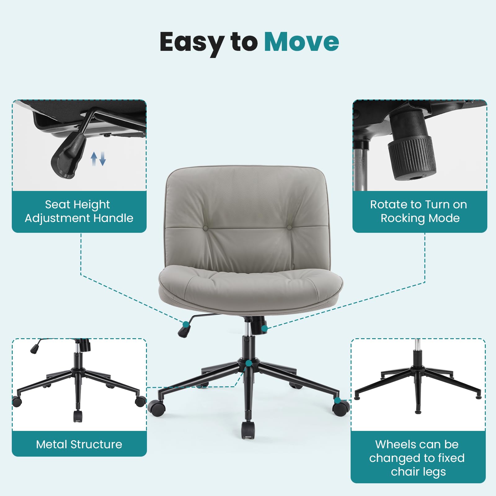Criss Cross Chair with 360° Swivel Wheels, Armless Wide Cross Legged Vanity Office Desk Chair with Comfy PU Leather& Back - Swivel for Home Office Bedroom Study, Gray