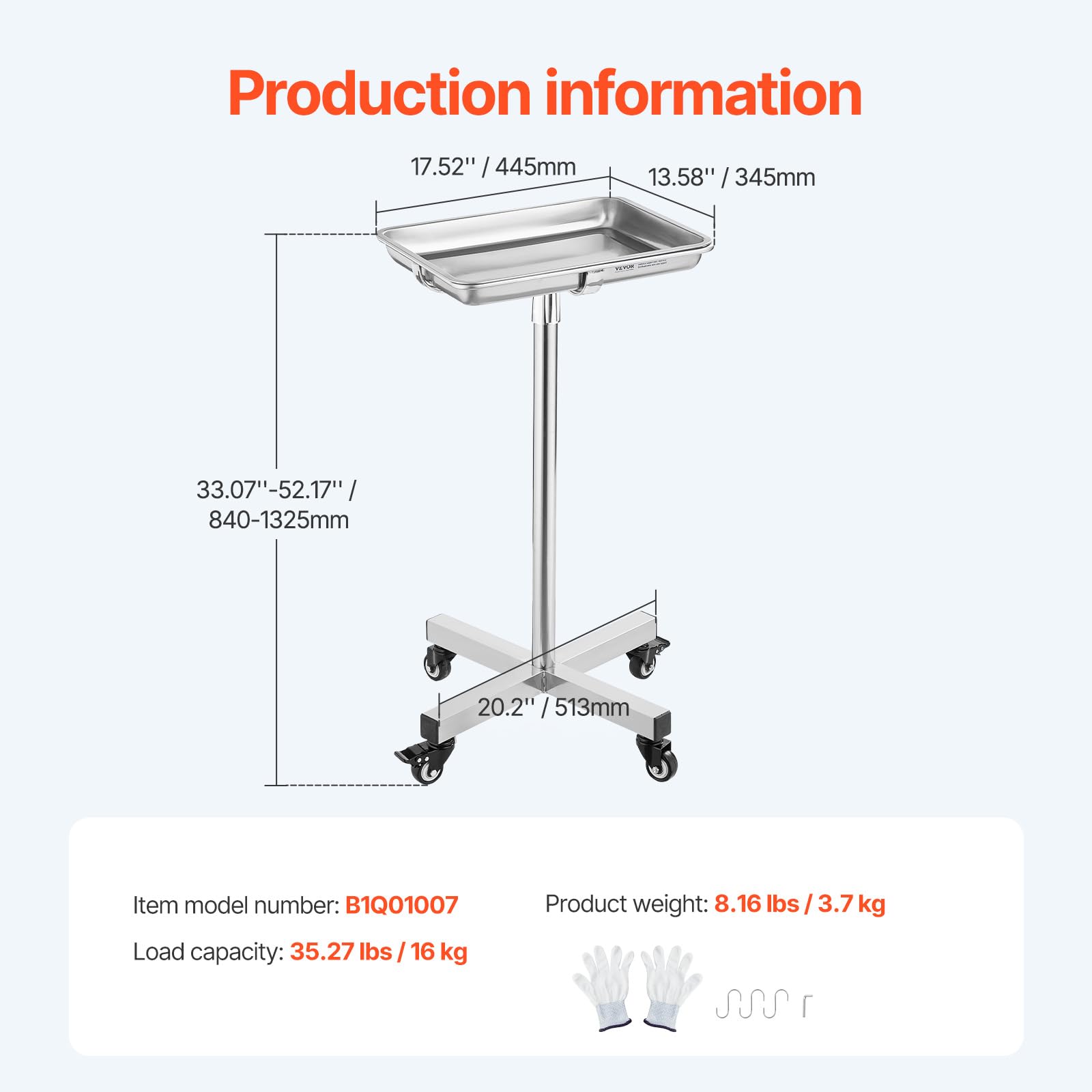 Mayo Stand, Stainless Steel Mayo Tray, Load Capacity up to 36 lbs, Adjustable Height 31.9"-55", Medical Tray on Wheels with Removable Tray for Spa, Salon, Clinic, Personal Care