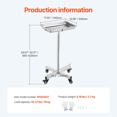 Mayo Stand, Stainless Steel Mayo Tray, Load Capacity up to 36 lbs, Adjustable Height 31.9