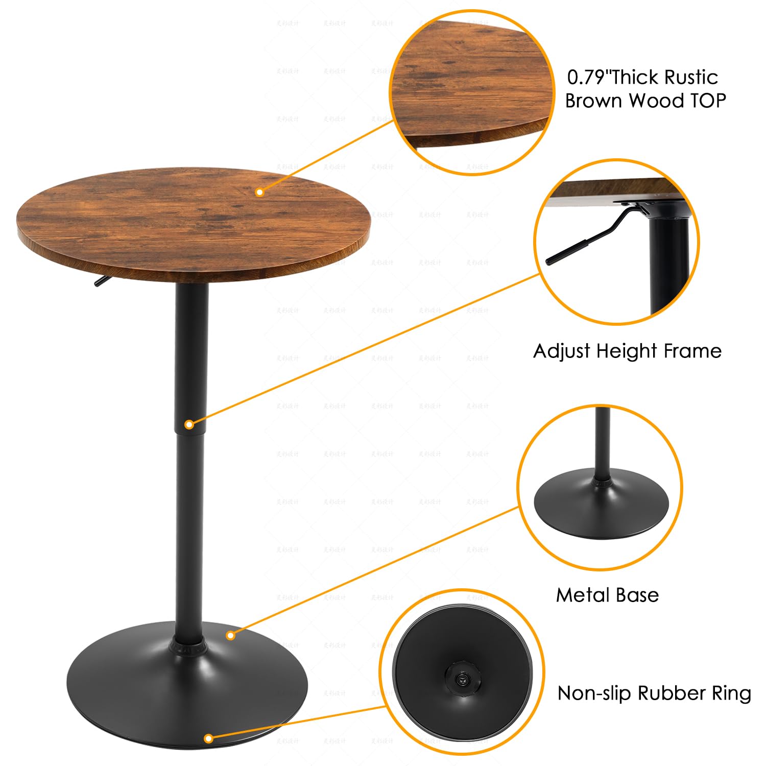 23.6" Round Bar Table, Adjustable Height Bar Table, Modern Cocktail Tables with MDF Top and Metal Base, Bistro Pub Tables Suitable for Cafe, Kitchen Island, Bar Counter, Brown