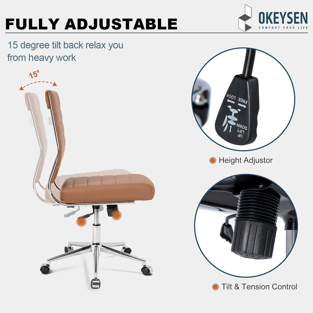Brown Armless Office Desk Chair, Mid Back Ergonomic Swivel Conference Room Chairs, Adjustable Height PU Leather Home Desk Chair, Modern Small Rolling Computer Task Chair