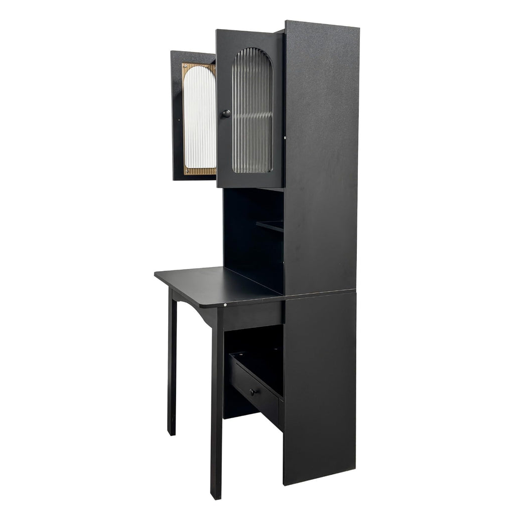 Fold-Out Home Office Desks Writing Table with Glass Doors, Drawers, Bookshelf & Storage Shelves, Modern Wooden Convertible Workstation for Work, Study
