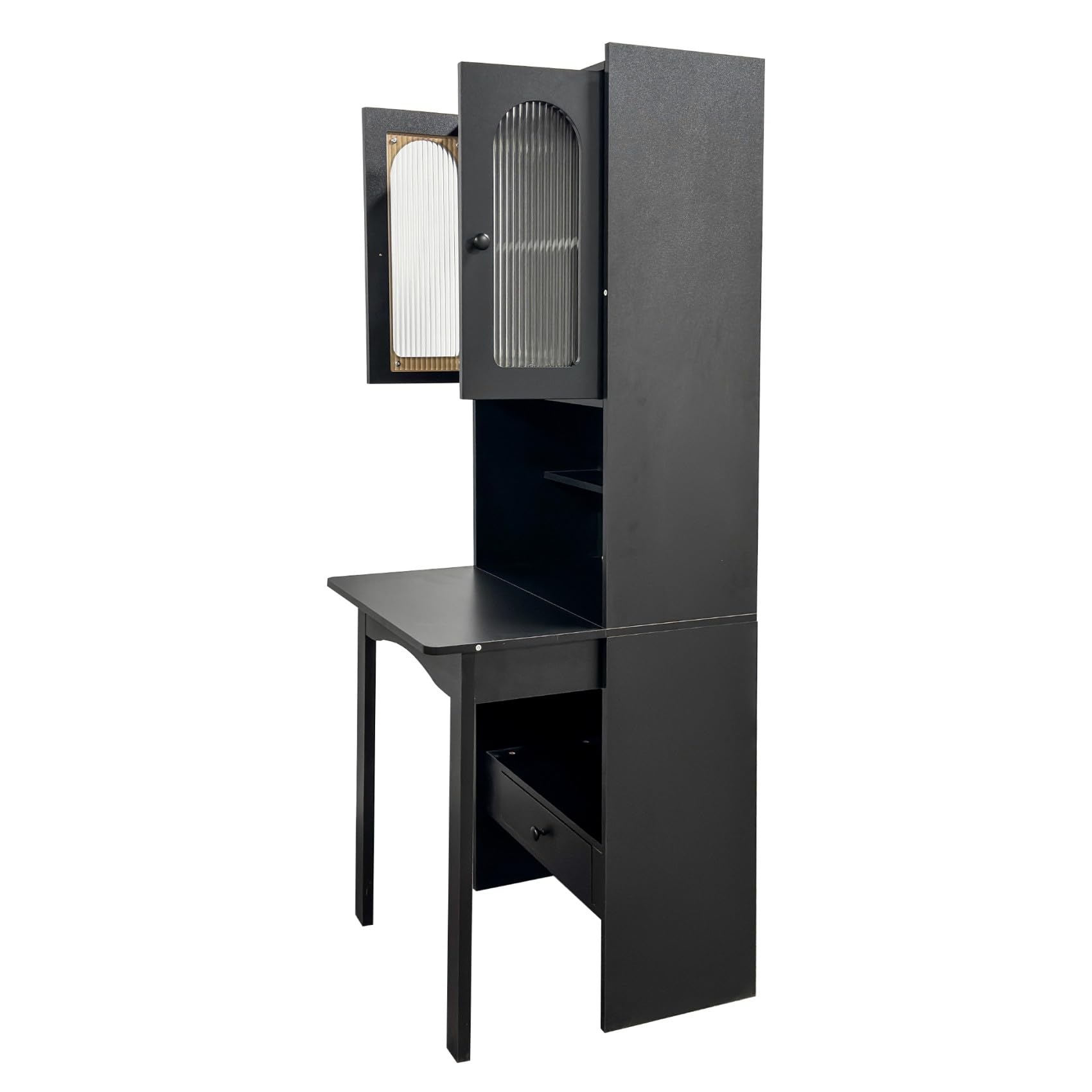 Fold-Out Home Office Desks Writing Table with Glass Doors, Drawers, Bookshelf & Storage Shelves, Modern Wooden Convertible Workstation for Work, Study