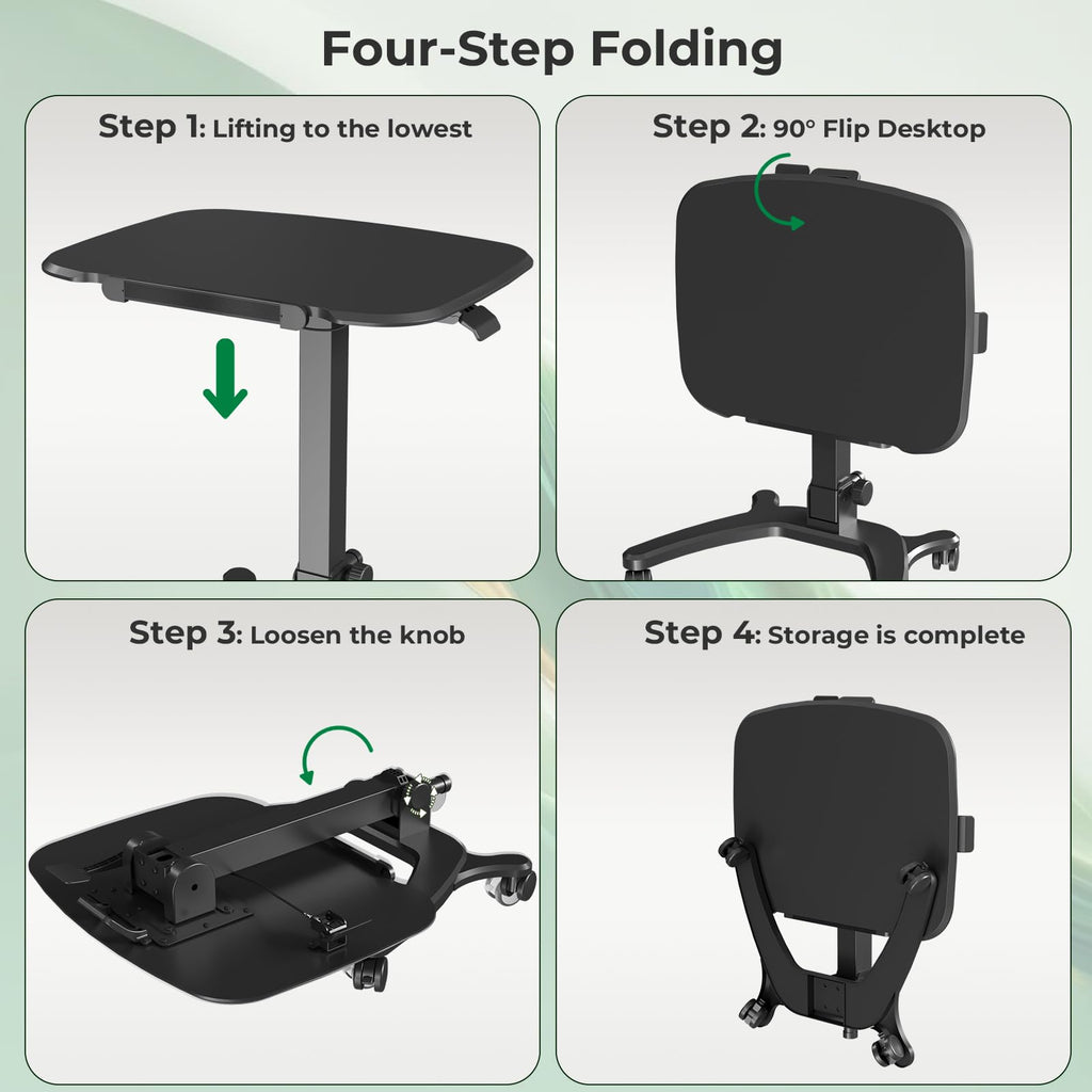 Foldable Mobile Standing Desk, 27"×21" Portable Rolling Laptop Cart with 90° Tiltable Board, Height Adjustable Mobile Desk Workstation with Wheels, Folding Table for Home Office, Black