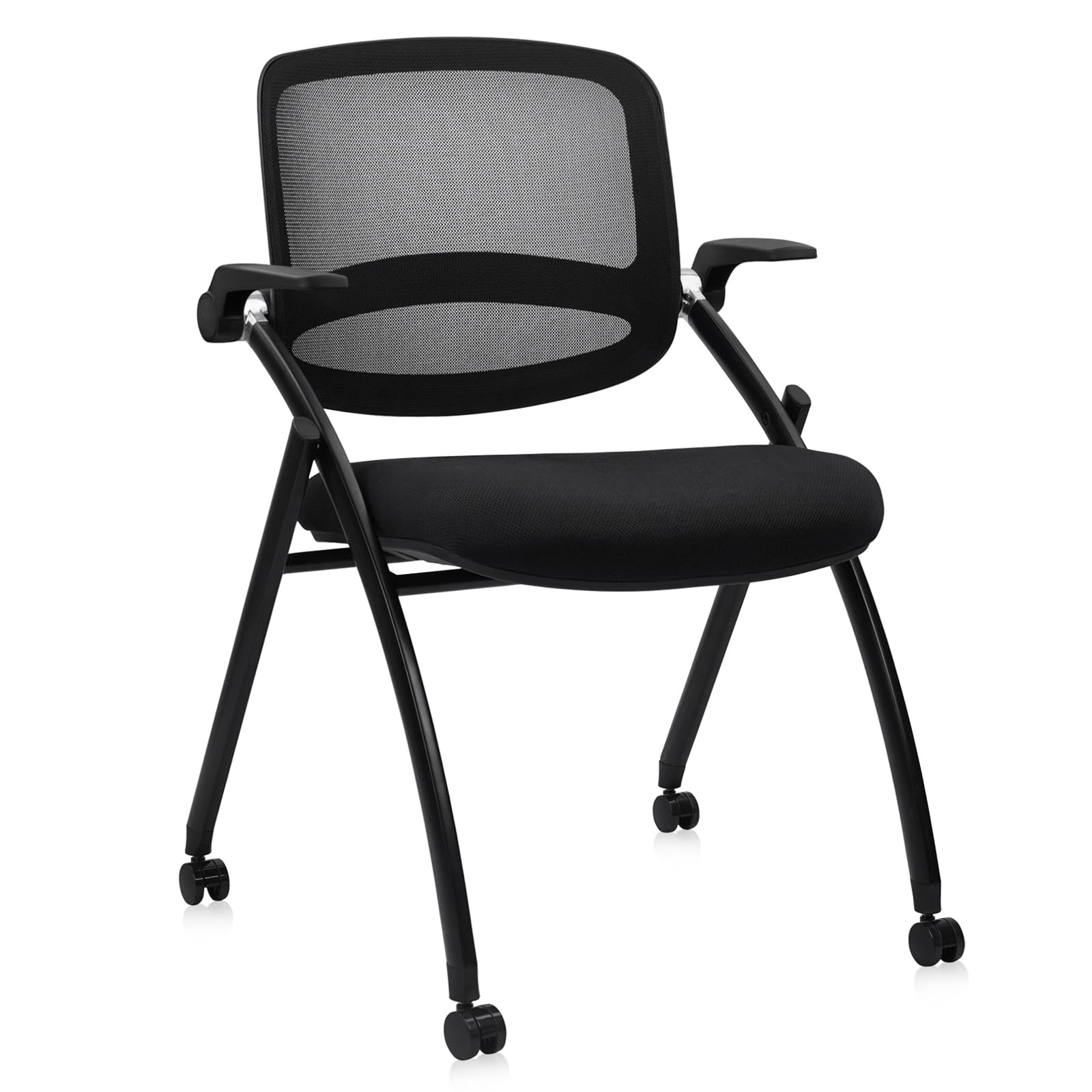 Stackable & Foldable Chairs with Flip Up Armrests, Reception Guest Chairs with Wheels, Ergonomic Curved Mesh Back Folding Chair for Office Meeting Schools Conference Waiting Room, Black