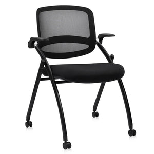 Stackable & Foldable Chairs with Flip Up Armrests, Reception Guest Chairs with Wheels, Ergonomic Curved Mesh Back Folding Chair for Office Meeting Schools Conference Waiting Room, Black