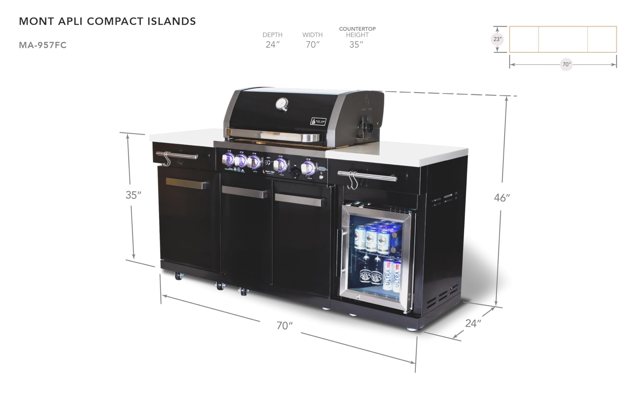 Premium 70"W x 24"D Black Stainless Steel Compact Outdoor Kitchen Island with Refrigerator + 32"W 4-Burner BBQ Grill with Infrared Rotisserie Burner + Storage Cabinets + Granite Countertops