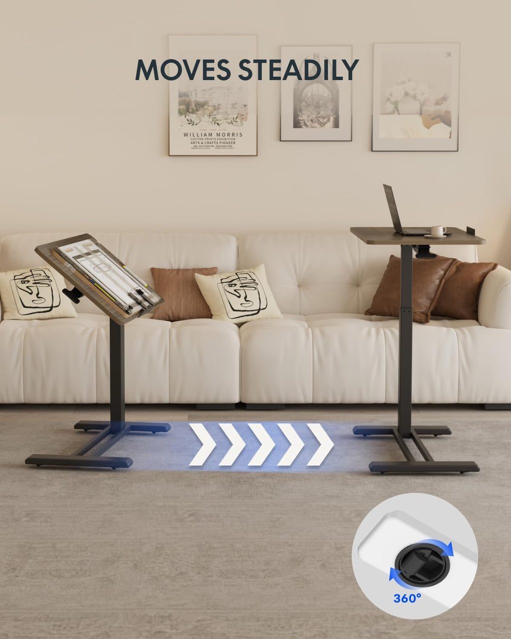 H7 PRO Mobile Standing Desk Adjustable Overbed Table Pneumatic with Wheels 55°Tiltable Portable Laptop Desk Rolling Computer Cart Foldable Bedside Table(27.6" W x 15.7" D, Rustic Brown)