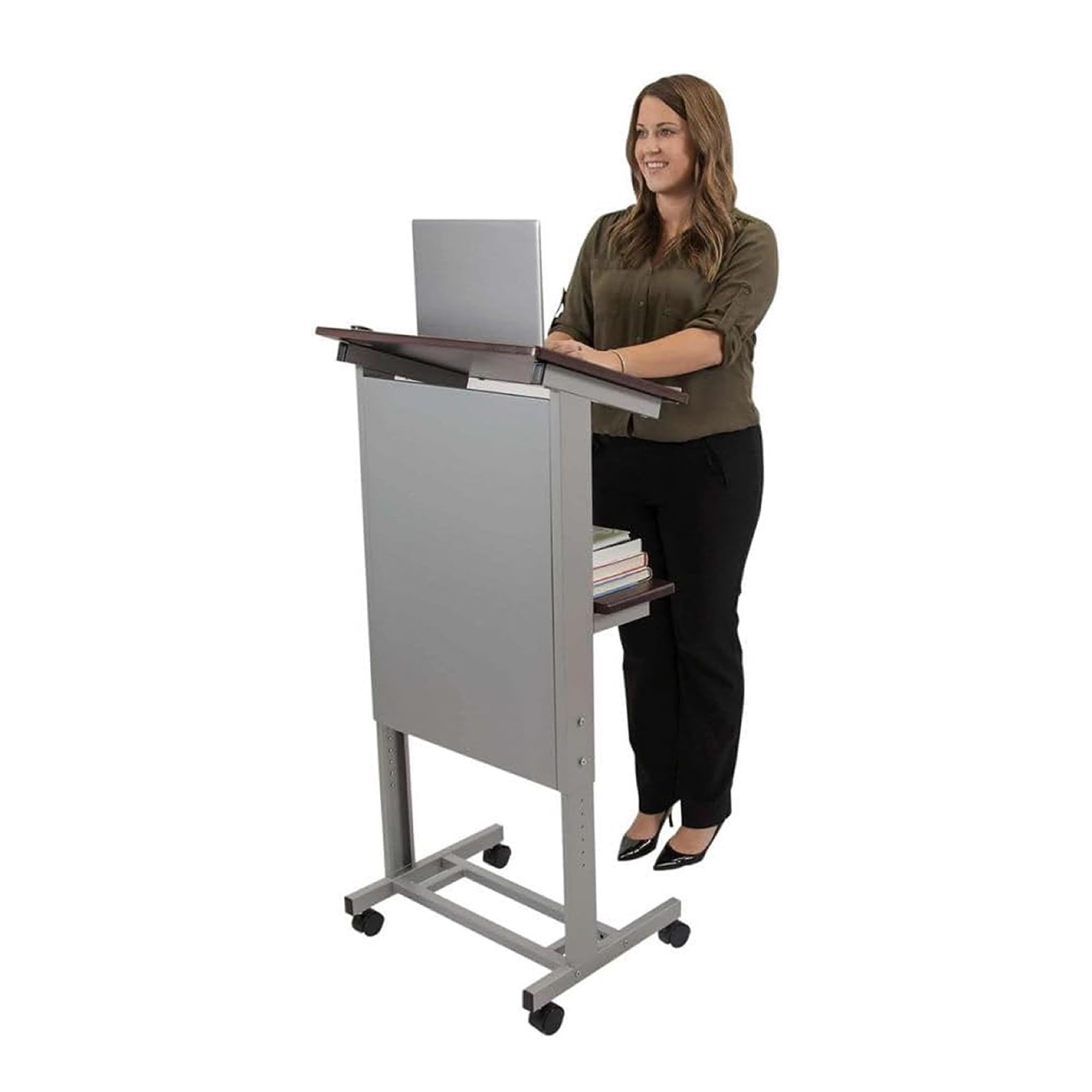 Stand Up Adjustable Height Lectern Podium | Rolling Desk with Storage Shelf | Ergonomic Standing Desk Frame for Office, Classroom, Laptop, Teaching, Presentations & More (Dark Walnut)