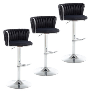Velvet Bar Stools Set of 3, Swivel Counter Height Bar Stools with Back, Adjustable Woven Barstools for Kitchen Island, Pub, Club (Black)