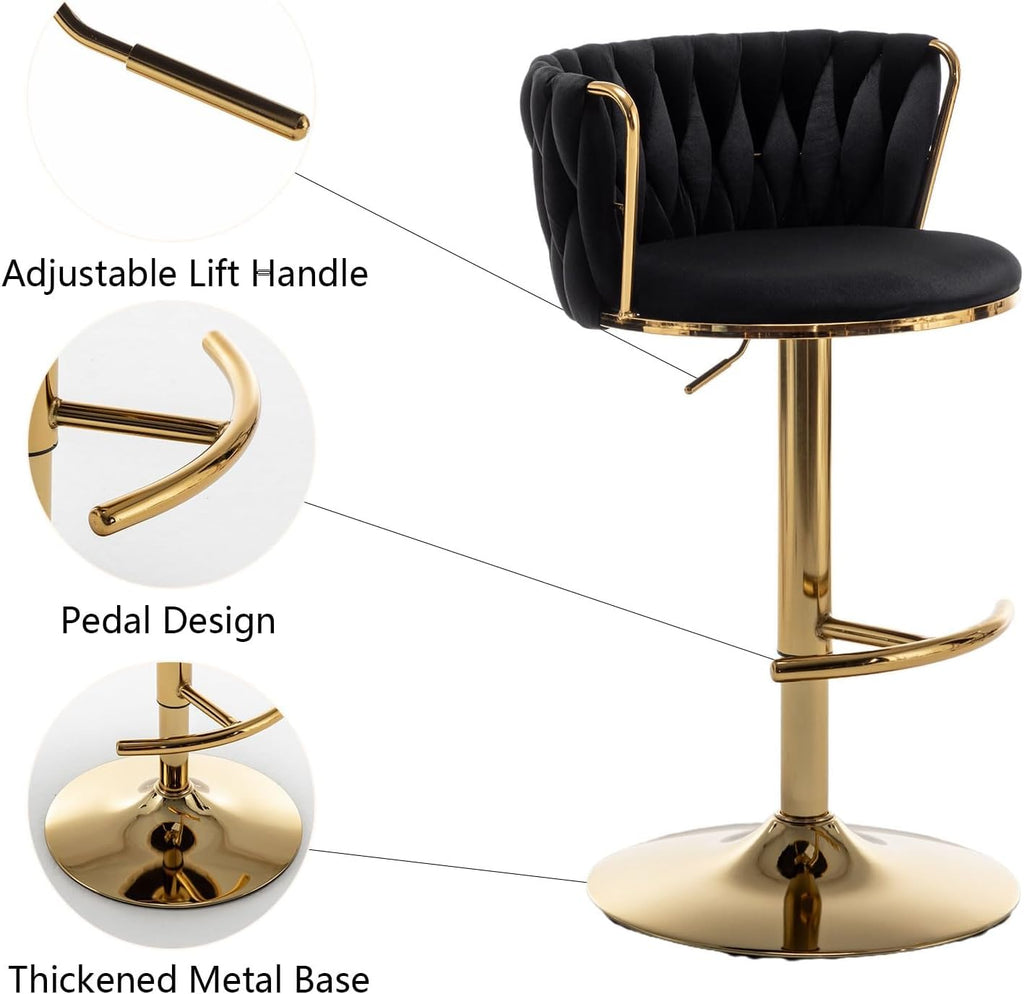 Gold Velvet Bar Stools Set of 3, Swivel Counter Height Bar Stools with Back, Adjustable Woven Barstools for Kitchen Island, Pub, Club (Black)