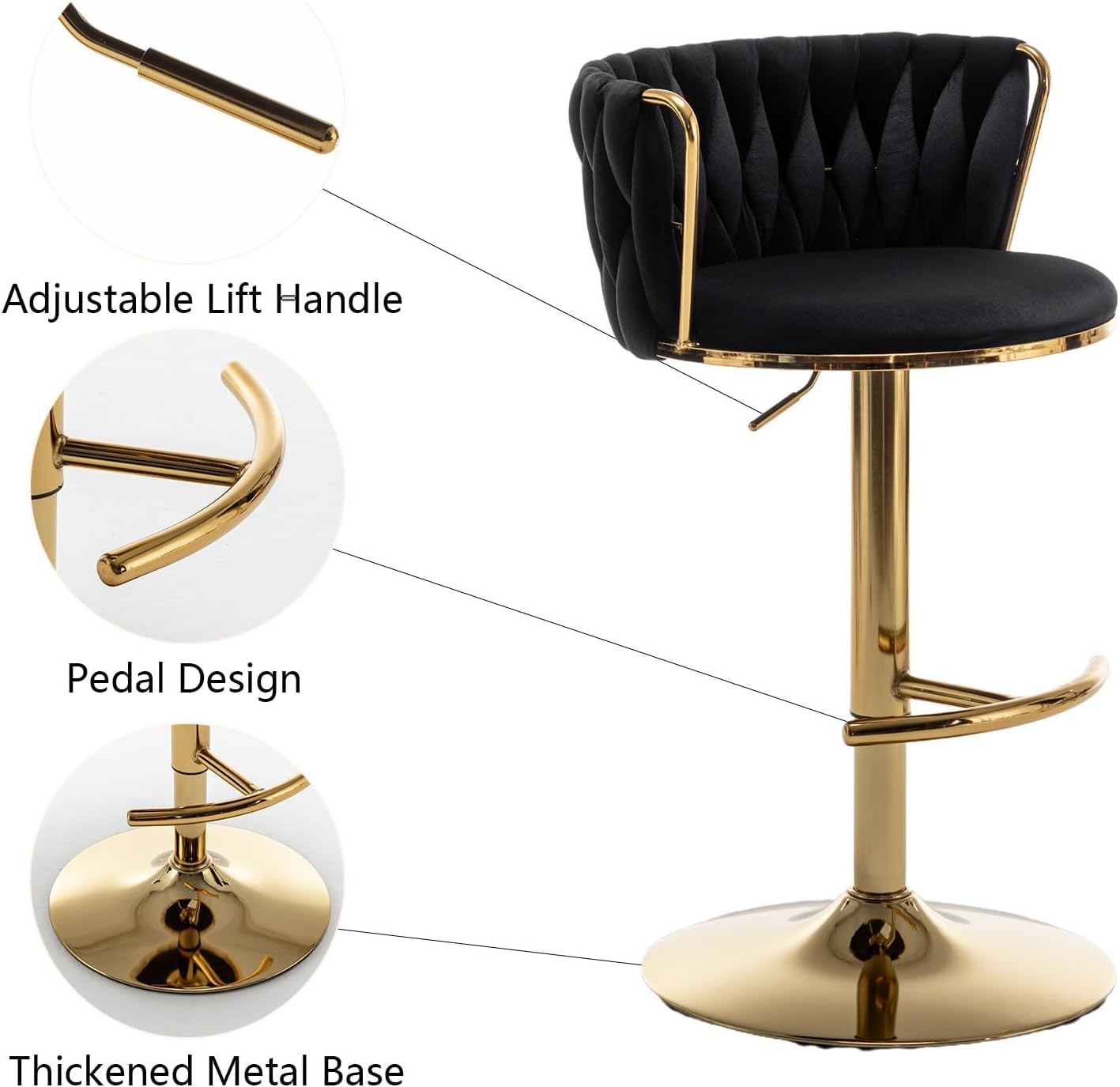 Gold Velvet Bar Stools Set of 3, Swivel Counter Height Bar Stools with Back, Adjustable Woven Barstools for Kitchen Island, Pub, Club (Black)
