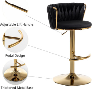 Gold Velvet Bar Stools Set of 3, Swivel Counter Height Bar Stools with Back, Adjustable Woven Barstools for Kitchen Island, Pub, Club (Black)