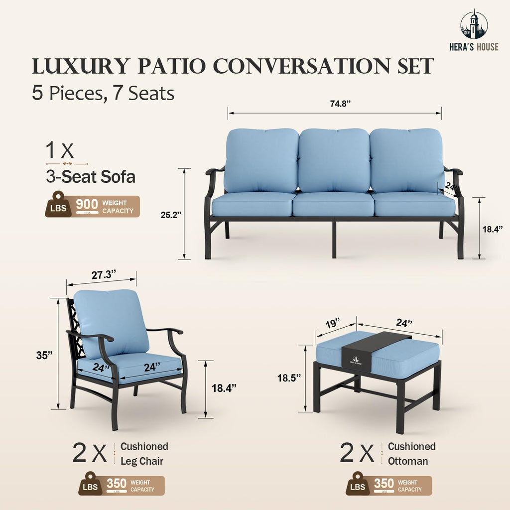 5 Piece Patio Furniture Set, 2 x Cushioned Metal Chair, 2 x Ottoman, 1 x 3-Seat Sofa, All Cushioned 7 Seats Outdoor Conversation Set for Lawn Garden Backyard, Blue