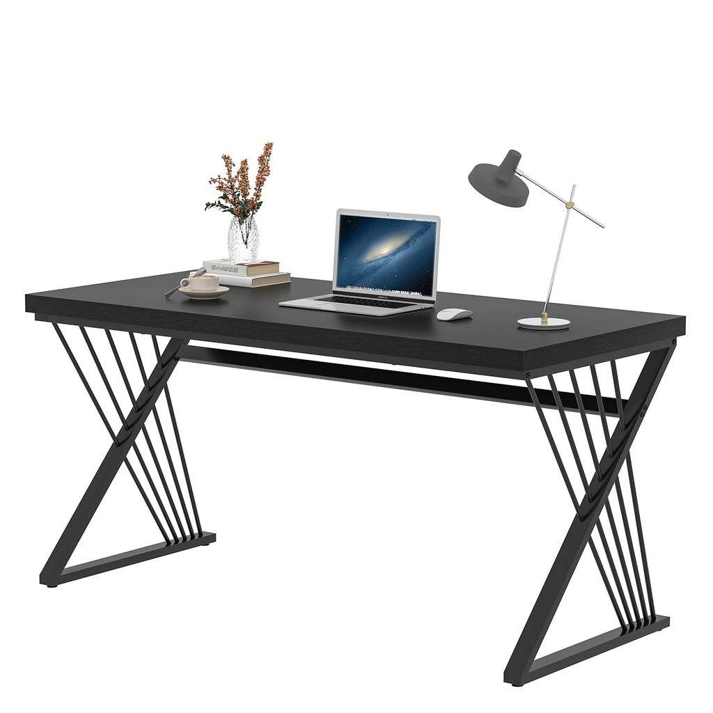 Black Desk, Modern Wood and Metal Computer Desks for Home Office, Simple Writing Work PC Desk for Bedroom, Industrial Study Gaming Table for Living Room, 60 Inch