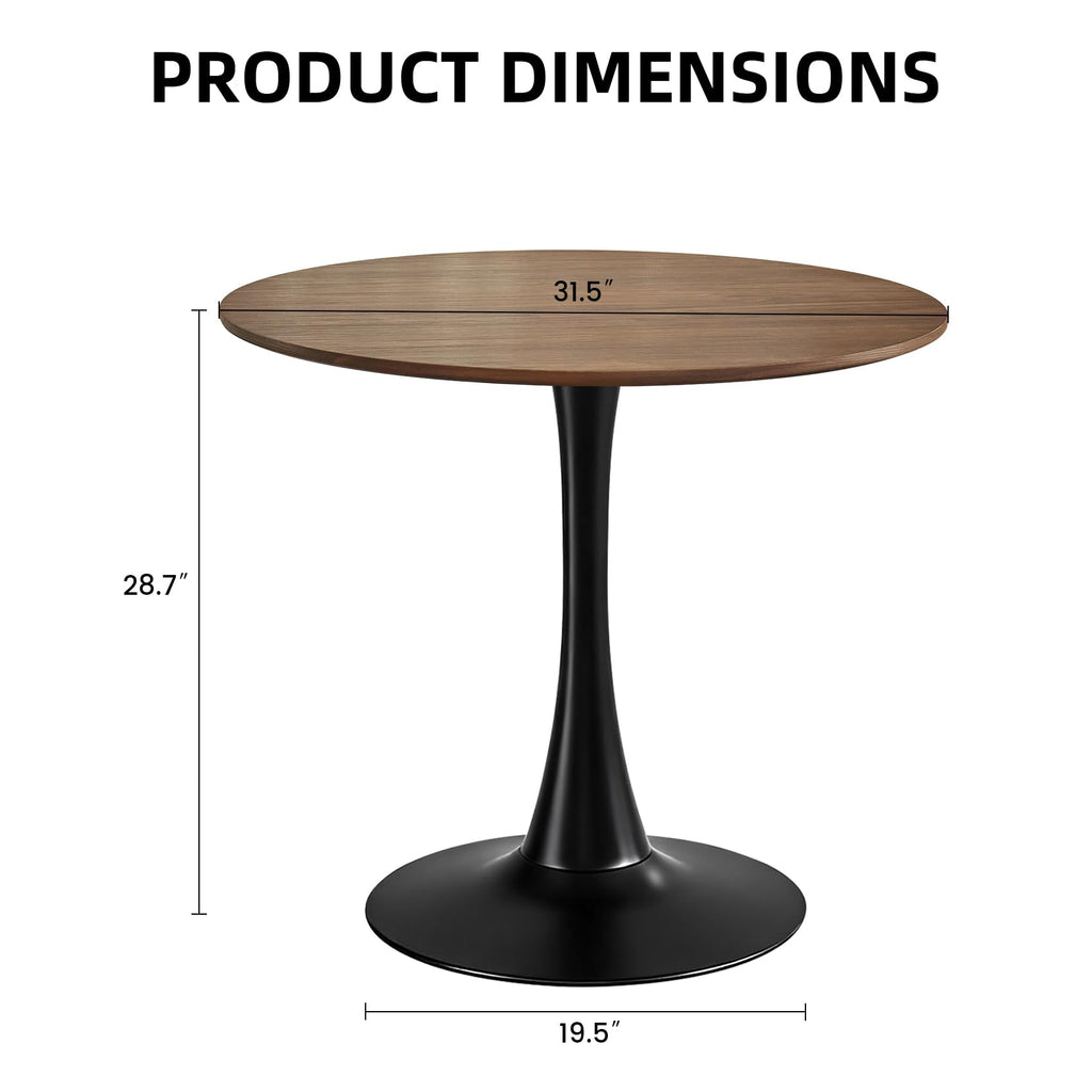 Round Dining Table, 31.5" Circle Tulip Table with Thickened Tabletop & Metal Pedestal, Mid Century Modern Bistro Table for Kitchen, Small Places, Living Room, Cafe (Faux Walnut)