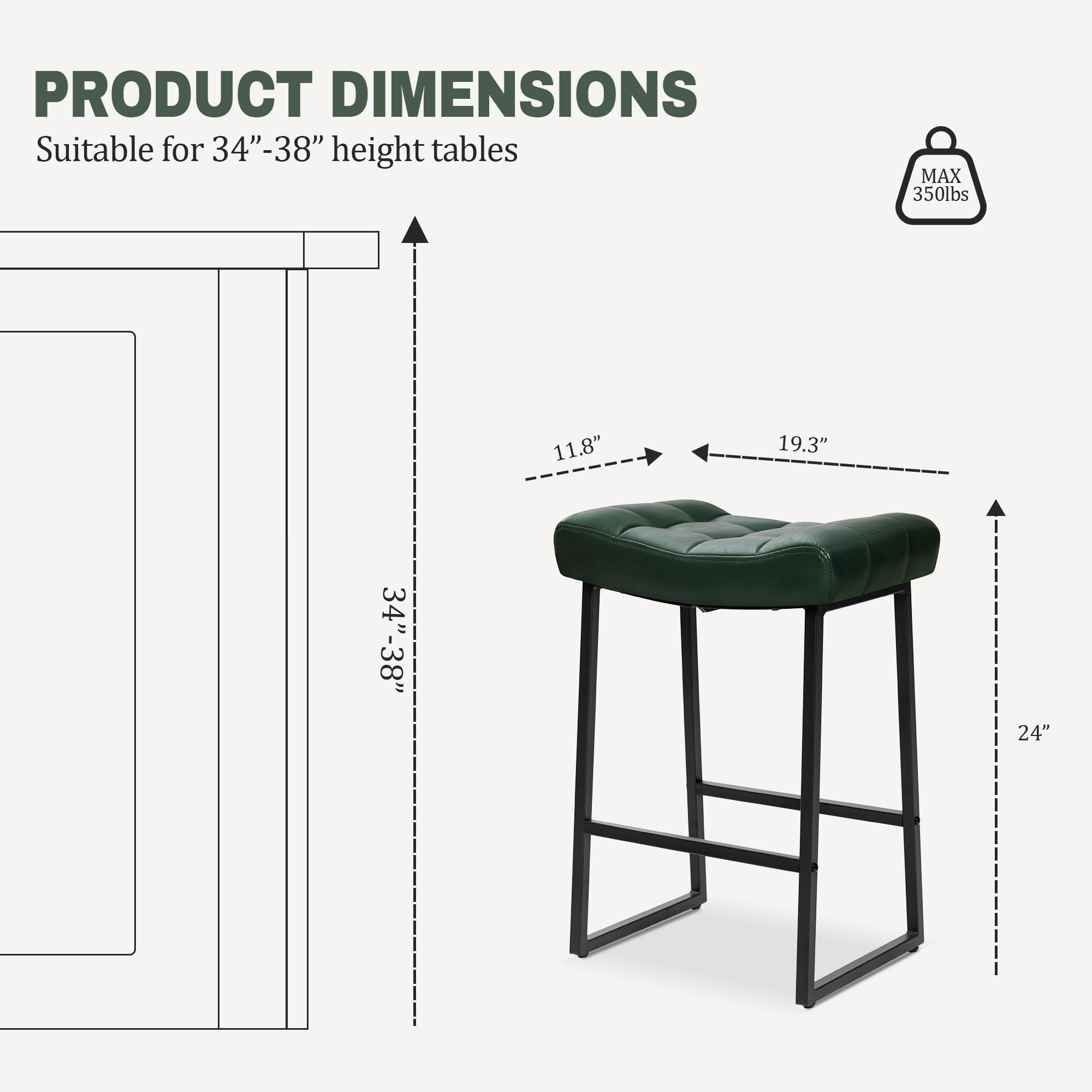 Modern Bar Stools Set of 2 for Kitchen Counter 24 inch Counter Height Backless Barstools with Upholstered Faux Leather Saddle Seat and Metal Frame Industrial Bar Chairs, Dark Green