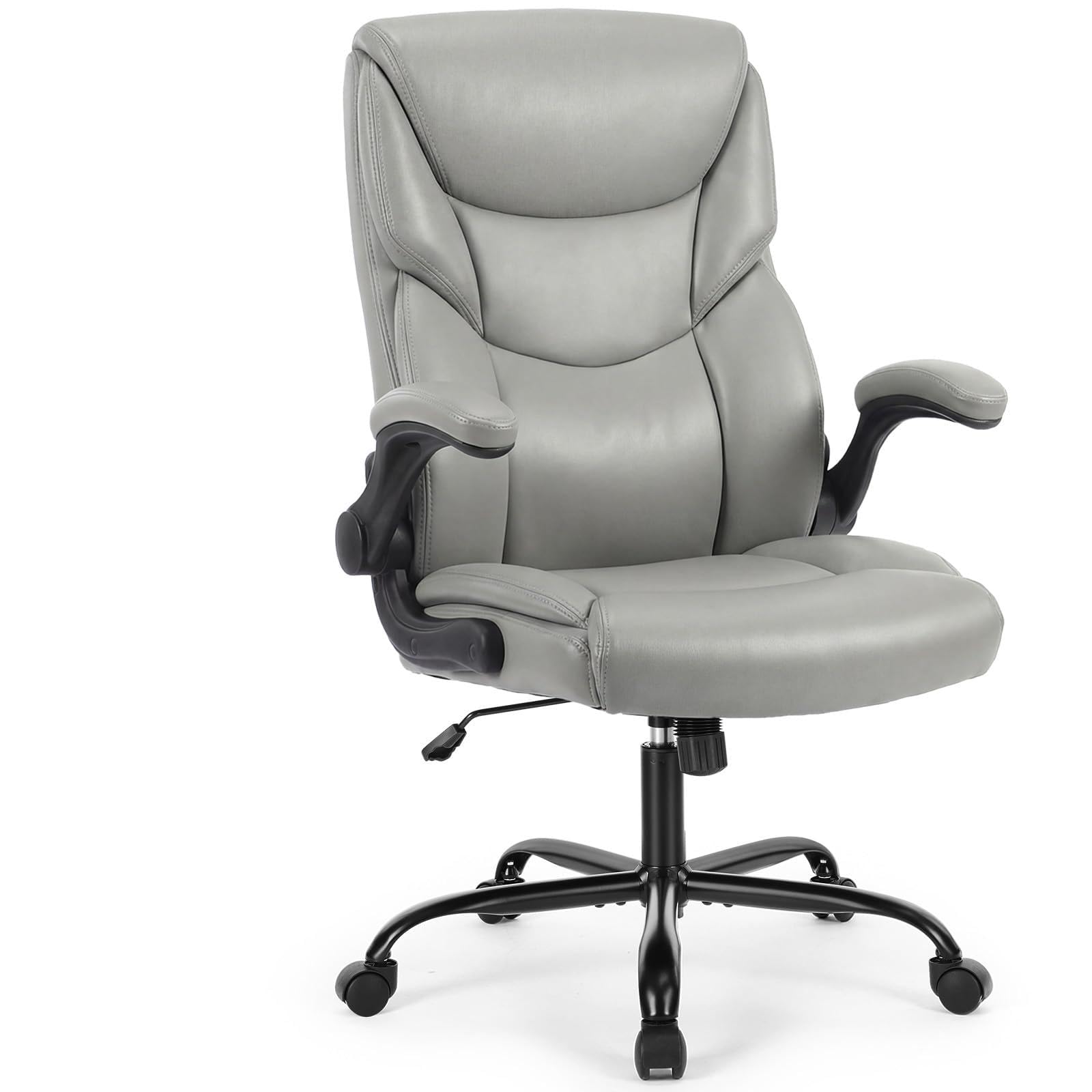 Office Computer Gaming Chair, Ergonomic High Back Heavy Duty Task Desk Chairs with Wheels, Flip-up Arms, Adjustable Height, PU Leather, Grey