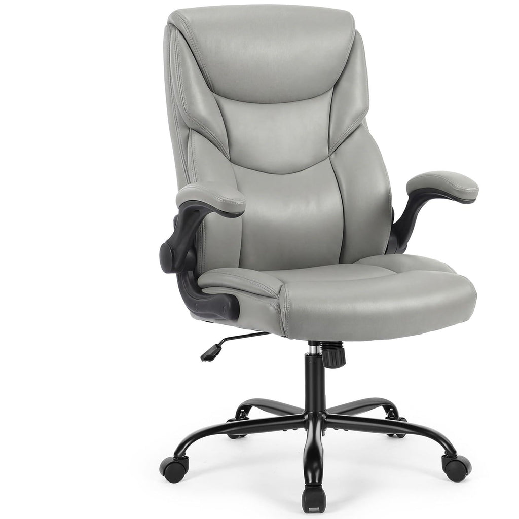 Office Computer Gaming Chair, Ergonomic High Back Heavy Duty Task Desk Chairs with Wheels, Flip-up Arms, Adjustable Height, PU Leather, Grey