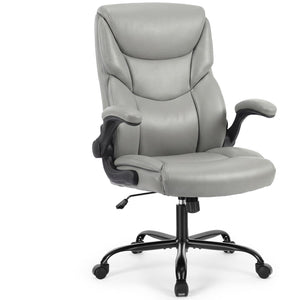 Office Computer Gaming Chair, Ergonomic High Back Heavy Duty Task Desk Chairs with Wheels, Flip-up Arms, Adjustable Height, PU Leather, Grey