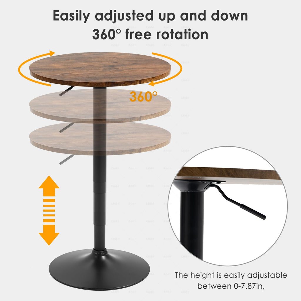 23.6" Round Bar Table, Adjustable Height Bar Table, Modern Cocktail Tables with MDF Top and Metal Base, Bistro Pub Tables Suitable for Cafe, Kitchen Island, Bar Counter, Brown