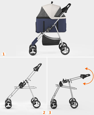 Pet Stroller with 4 Wheels for Small/Medium Pets,Travel Foldable Detachable Carrier for Dog Cat Cage Jogger Stroller, Rear Wheel Breaks, Storage Basket, Visible Mesh Weather Cover (Navy Blue)