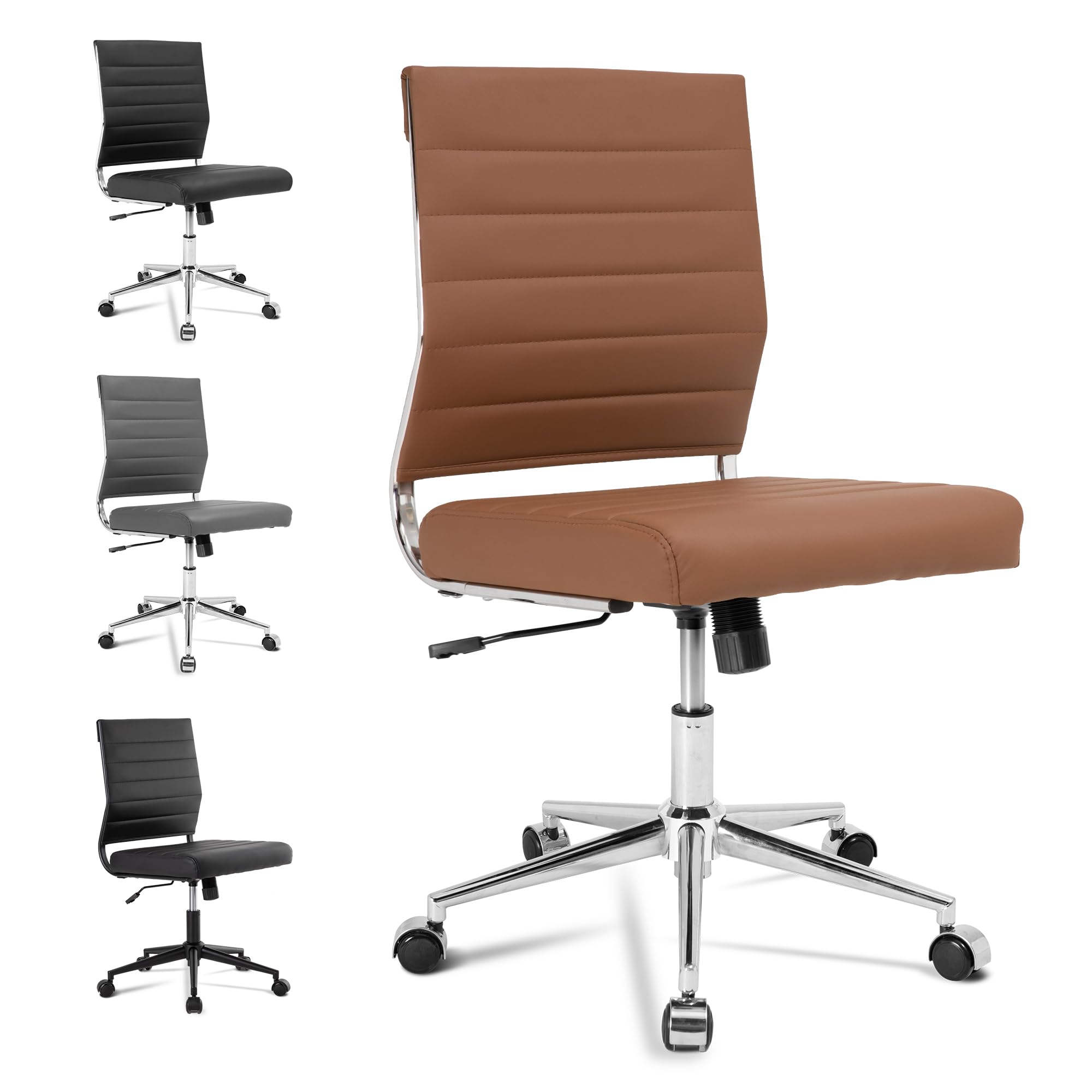 Brown Armless Office Desk Chair, Mid Back Ergonomic Swivel Conference Room Chairs, Adjustable Height PU Leather Home Desk Chair, Modern Small Rolling Computer Task Chair