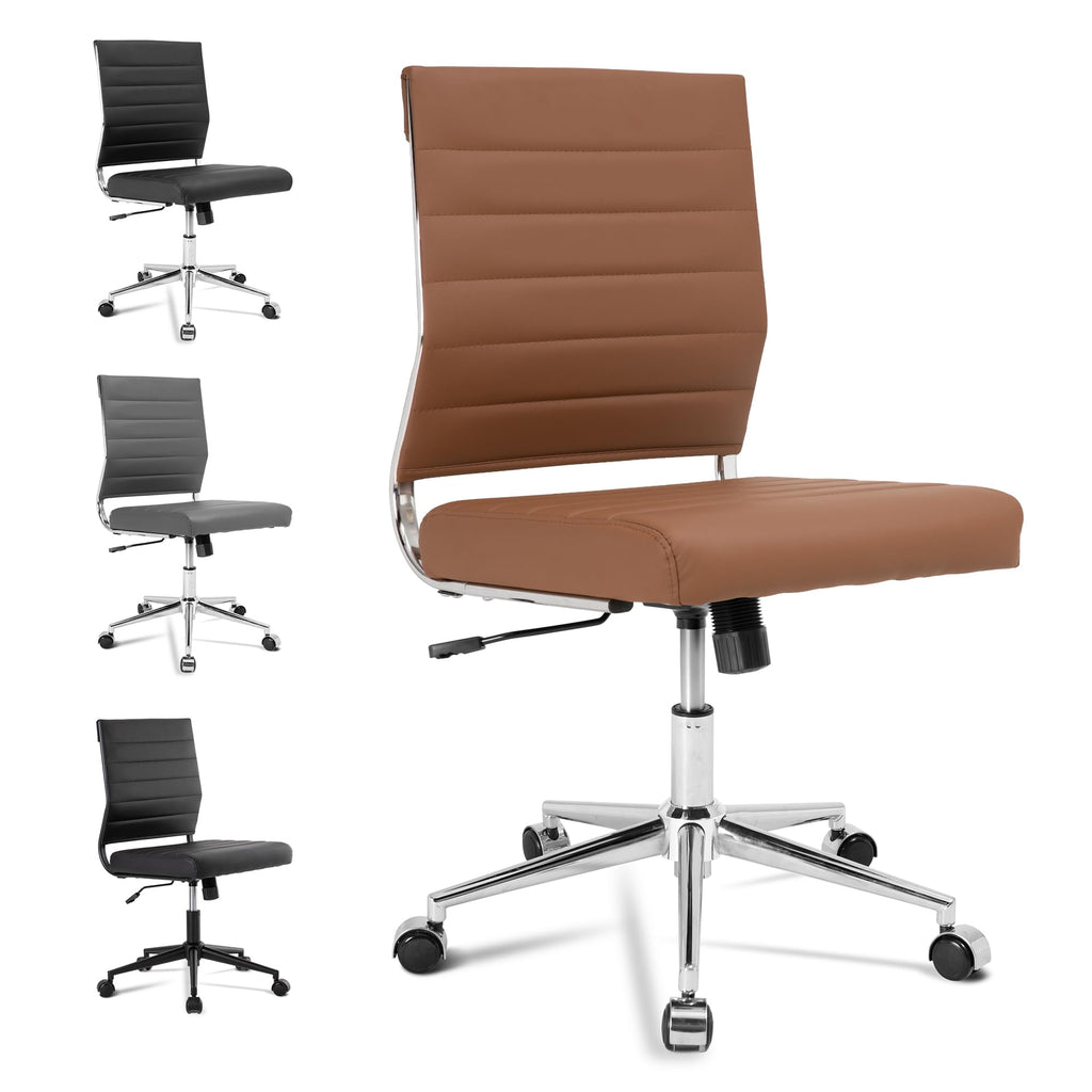 Brown Armless Office Desk Chair, Mid Back Ergonomic Swivel Conference Room Chairs, Adjustable Height PU Leather Home Desk Chair, Modern Small Rolling Computer Task Chair
