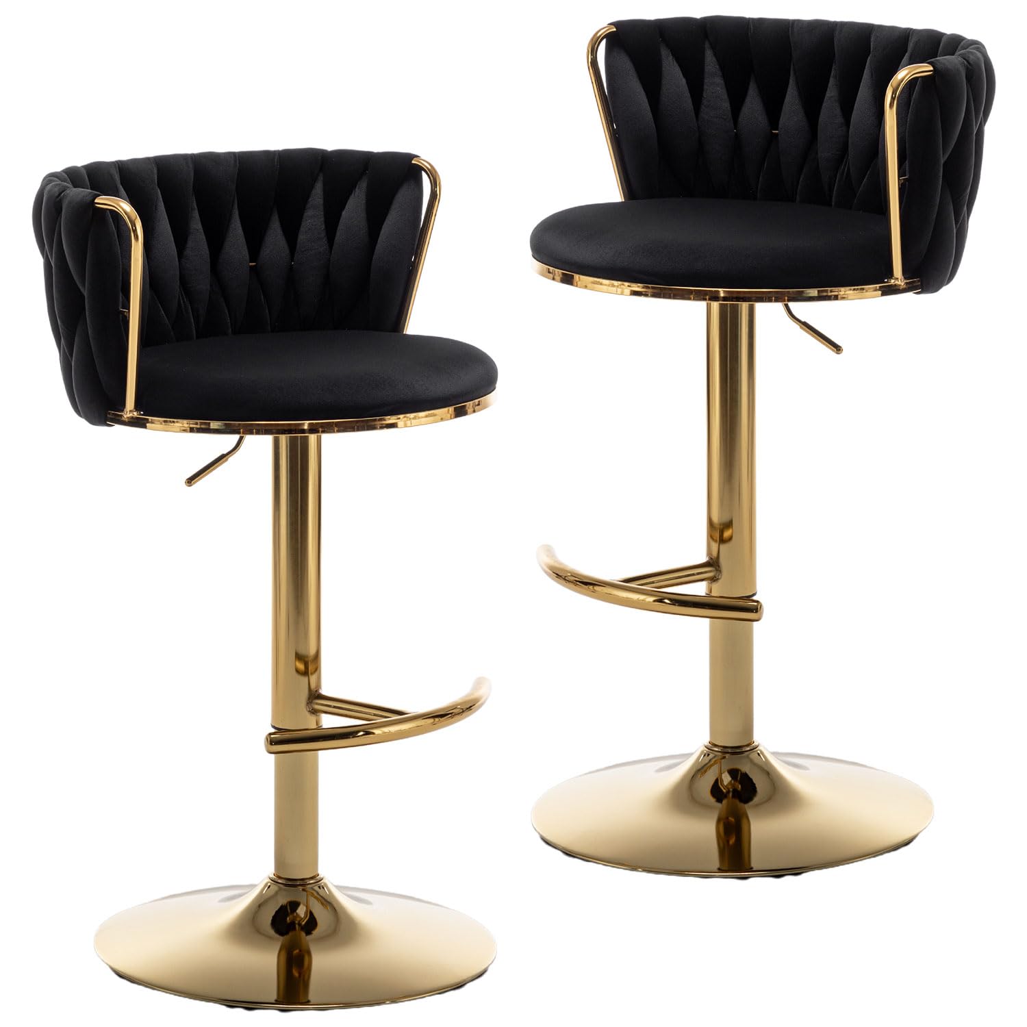 Gold Velvet Bar Stools Set of 2, Swivel Counter Height Bar Stools with Back, Adjustable Woven Barstools for Kitchen Island, Pub, Club (Black)