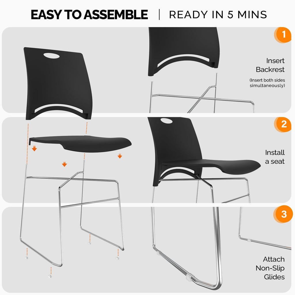 Stacking Chairs Set of 4 Stackable Office Chairs with Metal Sled Base, Ergonomic Plastic Seat, Stacking Chairs for Waiting Room Break Room Banquet Guest, Black
