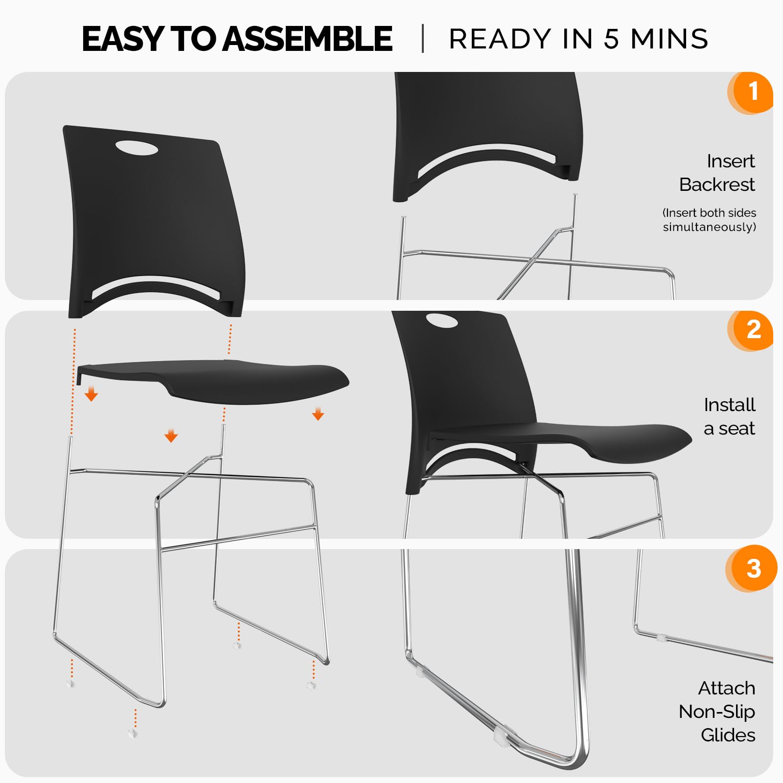Stacking Chairs Set of 4 Stackable Office Chairs with Metal Sled Base, Ergonomic Plastic Seat, Stacking Chairs for Waiting Room Break Room Banquet Guest, Black